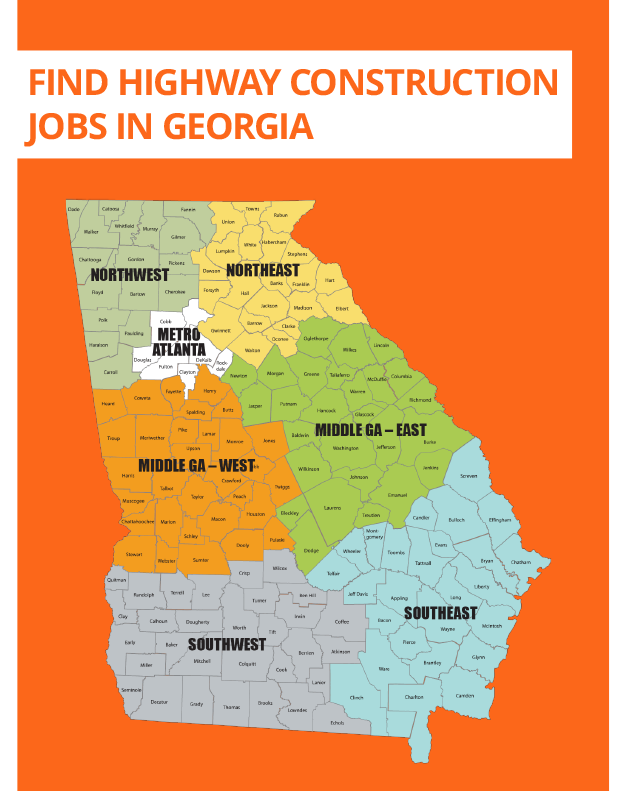 map of regions in Georgia where highway contractors are hiring both experienced and non-experienced road construction workers