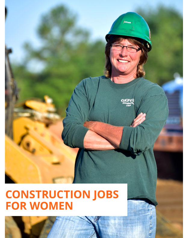 Female construction worker smiling who works a road construction job in Georgia