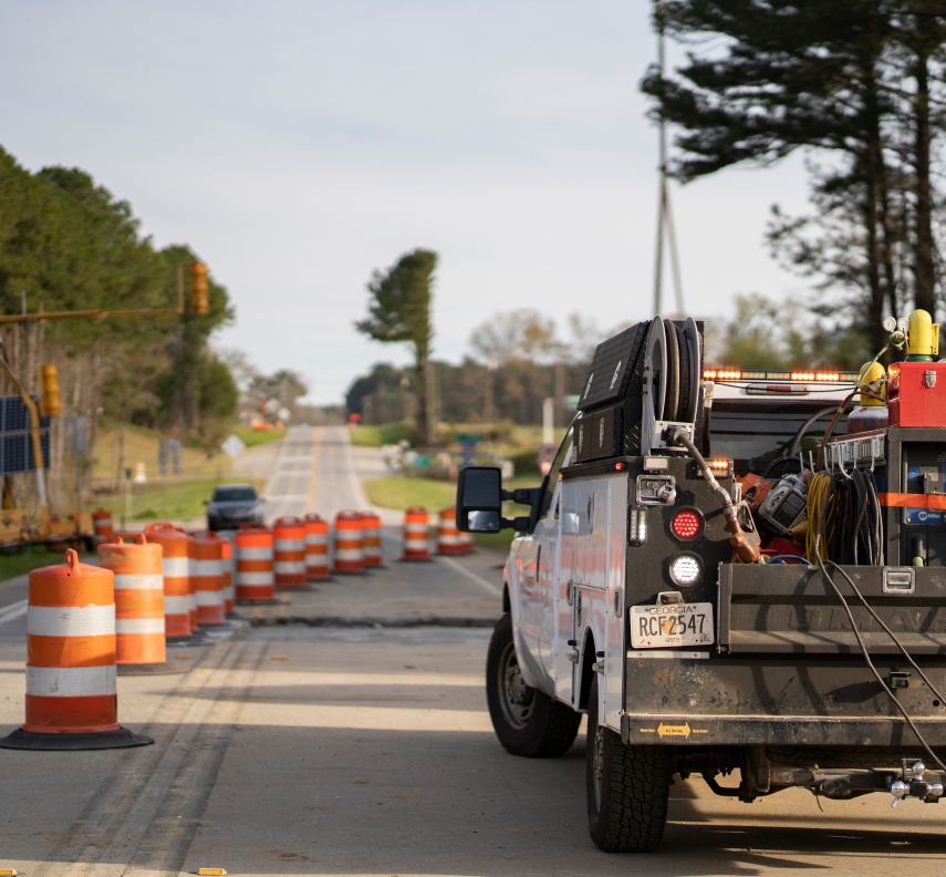 A highway construction work truck prepares to transport workers to a new highway construction job site in Georgia